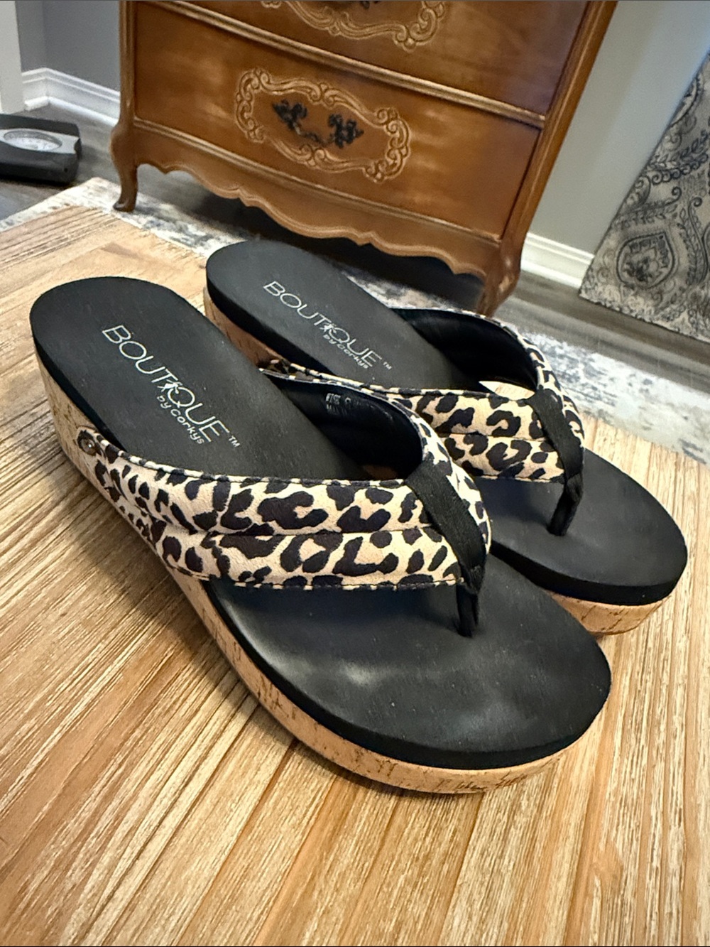 Corkys Leopard Print Wedge Sandals in Black and Tan
